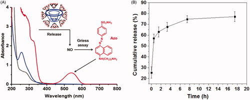 Figure 2. (A) UV − Vis absorption of β-CD-PAMAM (black line), β-CD-PAMAM/NONOate (blue line), and β-CD-PAMAM/NONOate treated with Griess assay (red line) at the concentration of 25 μg/mL in sodium citrate buffer (pH = 4.0). (B) The cumulative NO release profiles from β-CD-PAMAM/NONOate in PBS (pH = 7.4) at 37 °C (n = 3).