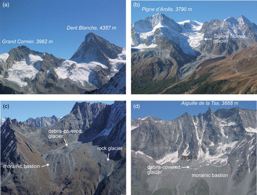 Figure 4. The large rock faces dominating the glacial and periglacial landscapes in the Dent Blanche nappe sector (the southern part of the Hérens valley). (a) Grand Cornier and Dent Blanche, with the Bricola and Dent Blanche glaciers (Ferpècle catchment). (b) Pigne d'Arolla and Tsijiore Nouve glacier, above Arolla. (c) The Tsarmine sector, with its debris-covered glacier and the large associated Holocene moraine deposits and the active Tsarmine rock glacier (Arolla catchment). (d) The debris-covered La Tsa glacier and its thick Holocene moraine deposits (east of Arolla).