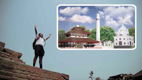 Figure 6. Having been rescued by the soldier, the girl, now dressed in her school uniform, salutes the miraculous resurrection of three iconic monuments of central Kathmandu. From video of Dinesh DC’s “Dhale Dharohar”.