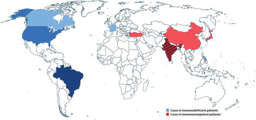 Figure 1. Prevalence of E. dermatitidis caused infections in immunocompetent (red = 9 cases) and immunodeficient (blue, 9 cases) patients as reported in case reports since 2007.