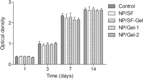 Figure 6. The proliferation of SMSCs cocultured with 3D printed nanocomposite scaffolds in the CCK-8 assay: the absorbance of these medium with CCK-8 was read at 450 nm.