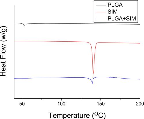 Figure 5 Thermal behaviors of PLGA, simvastatin, and simvastatin-loaded PLGA nanofibers.