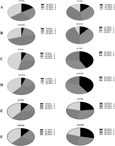 Figure 6. Incidence grades of Verticillium wilt in cotton plants at different stages and areas: bud stage in heavy disease areas (A, B), boll stage in light-disease areas (C, D), ball stage in heavy disease areas (E, F).Note: X7CK: Xin Lu Zao 7 without treatment; X7TR: Xin Lu Zao 7 with treatment; X33CK: Xin Lu Zao 33 without treatment; X33TR: Xin Lu Zao 33 with treatment. Incidence Grades (1) yellowing or withering leaves less than 25%; (2) yellowing or withering leaves 25–50%; (3) yellowing or withered leaves ranging from 50% to 75%; (4) yellowish withered leaves greater than 75%.
