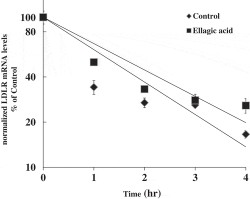 Figure 4. Effects of ellagic acid on stability of LDLR mRNA.HepG2 cells were incubated with a DMEM containing 10% LPDS for 23.5 h as described in Experimental methods. After preincubation with actinomycin D (5 μg/ml) for 30min, cells were untreated or treated with 25 μM ellagic acid for the indicated time up to 4 h. Total RNA was isolated at the indicated time and analyzed for the amount of LDLR and β-actin mRNA by a real-time PCR. The normalized LDLR mRNA levels were plotted as the percentage of the LDLR mRNA remaining. Decay curves were plotted versus time.