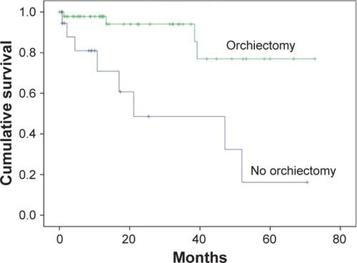 Figure 4 Survival difference between patient groups that chose treatment options with or without orchiectomy.