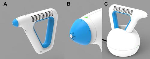 Figure 2 The components of the Cooling Anesthesia Device. (A) The hand-held device, which cools the single-use tips through a high performance thermoelectric cooling module powered by rechargeable batteries. (B) A single-use tip, which includes metal surface delivering the cooling treatment to the conjunctiva for instant anesthetic effect. (C) The battery charging dock, which is used to recharge the device.