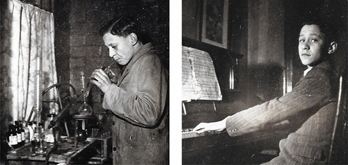 Harry Hudson aged 17 carrying out an experiment in the kitchen of his home (left), and playing the piano (right).