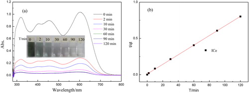 Figure 5. (a)Adsorption spectra with corresponding phone images of AB solution and (b) Pseudo-second-order linear plot for the removal of AB 210.