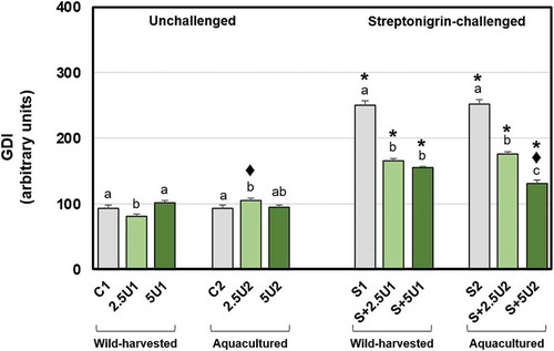 Fig. 2. Mean values of DNA damage (GDI) in Drosophila melanogaster neuroblasts after a supplementation with Ulva rigida (2.5 and 5%; number preceding the letter U) from wild-harvesting (U1) and aquaculture (U2) origins. C and S represent the unsupplemented unchallenged and streptonigrin-challenged groups, respectively. Bars represent the standard error. Statistically significant differences between groups submitted to the supplementation with U. rigida of the same origin, under the same genotoxic challenge are marked by different letters; differences between U1 and U2 groups under the same genotoxic challenge and level of supplementation are marked by black diamond (♦); differences between groups unchallenged and streptonigrin-challenged, under the same level of supplementation, from the same origin are marked by asterisk (*)