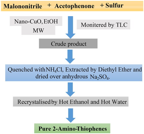Figure 1. Flow chart for the synthesis of 5-acetyl-2-amino-4-methyl thiophene-3-carbonitrile under microwave accelerated method.