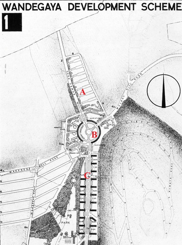 Figure 2. Wandegeya Development Scheme 1. A: Area for African housing. B: Bombo Crescent. C: Mixed ‘Asian’ and ‘Advanced Africans’. (Buekschmitt, Bauten und Planungen, 92).