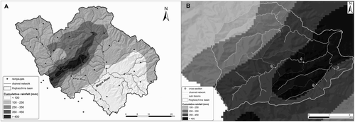 Figure 1. (A) Map of cumulative rainfall for the rainstorm of 25 October 2011 in the Magra River basin, modified from CitationRinaldi et al. (2016). (B) Zoom on the Pogliaschina basin; the numbers (1–6) indicate the outlet of six sub-basins where peak discharge has been estimated.