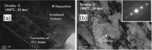 Figure 4. C-TEM images of Zircaloy-2 irradiated with a dose of 30 dpa at 400°C: (a) cross-sectional view of the irradiated region including the specimen surface (lower magnification) and (b) higher magnification images of the peak-damage region.