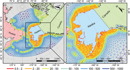 Figure 2. (a) Developed numerical mesh, with higher resolution in the (b) coast of Alaska. Mesh resolution is given by the distance between nodes in kilometers.