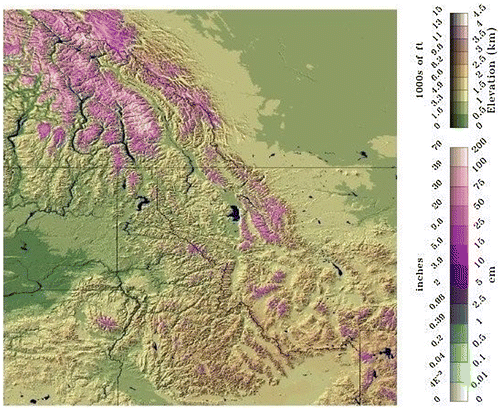Figure 5. Snow water equivalent (cm or inches) as predicted from the US National Weather Service SNODAS national snow analysis for 19 June 2013 in the “Northern Rockies” including parts of the Canadian Rockies headwaters of the Bow, Elk and Oldman river basins (National Operational Hydrologic Remote Sensing Center, Citation2013).