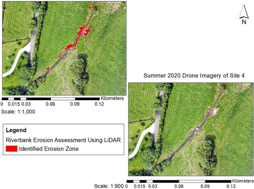 Figure 4. Identified erosion zones using image differencing and zonal statistics in ArcGIS displayed over the summer of 2020 drone imagery of Site 4.