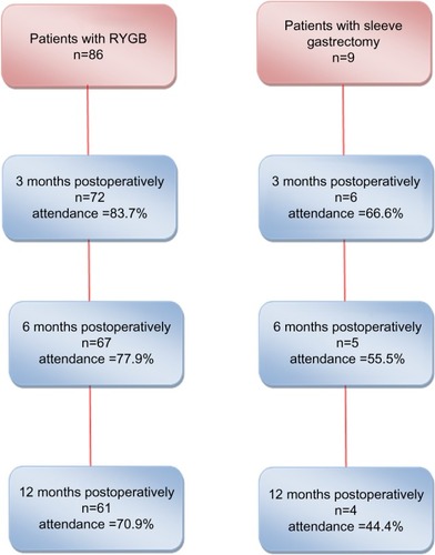 Figure 2 Patient follow-up flowchart for laparoscopic RYGB and laparoscopic sleeve gastrectomy, showing the numbers of patients who underwent each procedure at Rashid Center for Diabetes and Research and those with completed profiles at 3, 6, and 12 months.