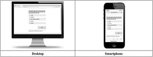 Figure 3. Visualization of a cognitive reflection task on both devices: Desktop (left) and smartphone (right).
