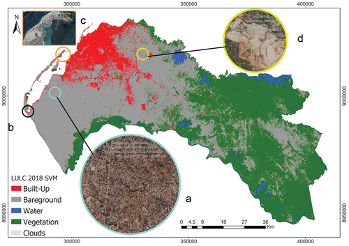 Figure 7. LULC map 2018 from SVM algorithm using the Landsat 8 band combination NIR, SWIR1, red (564). (a) underestimated built-up area (b) saline area classified as built-up, (c) improved classification of built-up in a sand beach area, (d) overestimation of built-up in a rough surface area.