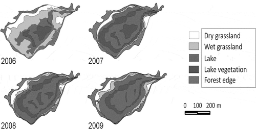 Figure 2 Spatial distribution of the studied thermokarst depression each July from 2006 to 2009.