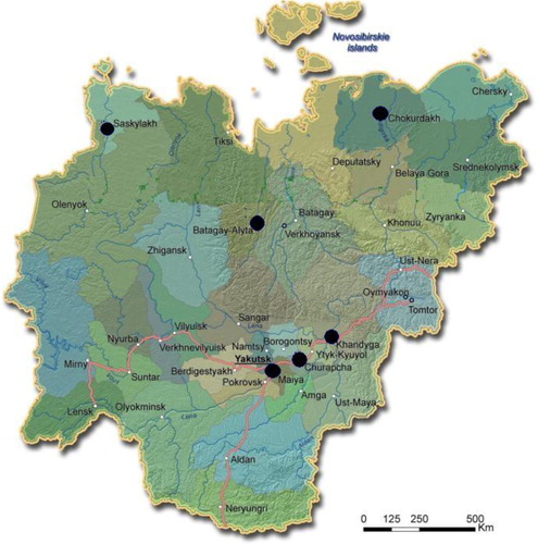 Fig. 3 Black dots on the administrative reference map of Yakutia (http://www.yakutiatravel.com/en/map-of-yakutia/adminmap) show the settlements where the survey has been performed.