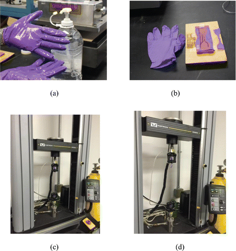 Figure 1. Applications of ABHR on gloves and Tensile Property Testing (a) Application and drying of ABHR, (b) Specimen cut from palm, (c) Tensile property testing prior to rupture, and (d) Tensile property testing at rupture.