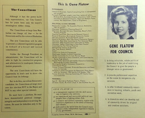 Figure 2. Eugenia Flatow, pamphlet produced for her candidacy for an at-large seat in New York’s City Council, 1965. Source: NYHS.