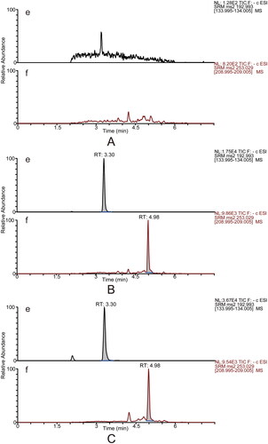 Figure 3. Typical UPLC–MS/MS chromatograms in the negative mode for determining ferulic acid (e) and the internal standard ketoprofen (f, IS2). Blank plasma sample (A). Blank plasma sample spiked with reference standards (medium level QC sample) and the internal standard (B). The rat plasma sample was collected at 5 min after DBD administration (C).