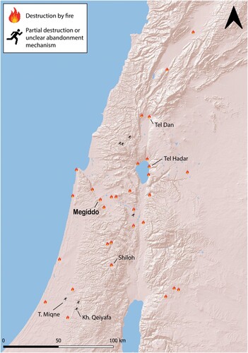 Figure 25 Late Iron I destructions in the southern Levant. A few of these sites, e.g., Shiloh, were devastated slightly earlier, in the middle Iron I, while other sites, e.g., Khirbet Qeiyafa and Tel Miqne/Ekron (Stratum IV), were destroyed a bit later, in the Iron I/II transition.