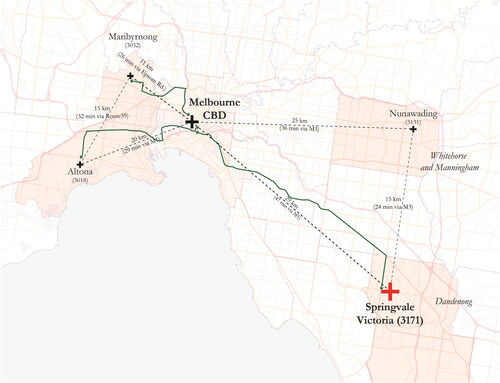 Figure 2. Springvale in relation to metropolitan Melbourne, including locations of Enterprise and other suburban hostels map. Map by authors, with “OpenStreetMap” GIS data.