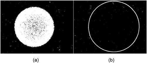 Figure 2. Difference between large and small S/W impactor behavior: (a) Image of disk-shaped particle impaction pattern from an impactor having S/W∼1. The diameter of the disk is 9.4 mm. (b) Image of a ring-shaped particle impaction pattern obtained from an impactor having S/W∼O(0.01). The ring diameter is 13.5 mm.