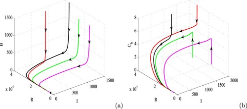 Figure 9. Figure illustrating the global asymptotic stability of disease-free equilibrium E0 in (a) I−R−B and (b) I−R−Ch spaces. Parameters are at the same values as in Table 3 except α=0.001, d = 0.004, s2=0.04 and π1=14. Rest of the parameters are at the same values as in Table 3.