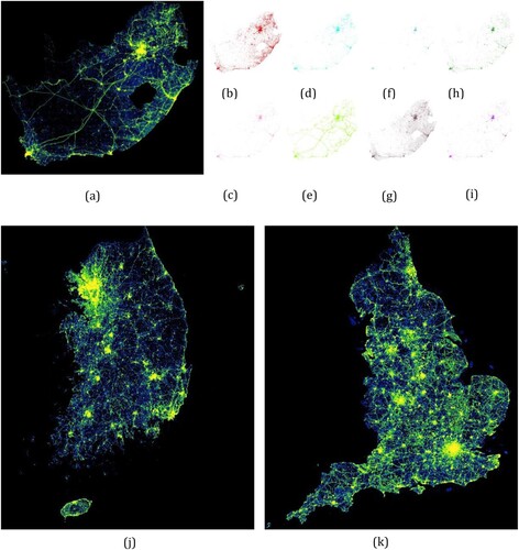 Figure 1. Spatial distribution of POIs from three selected geographic regions (a) South Africa (b) Facebook (c) 4square (d) Here (e) OSM (f) Google (g) TomTom (h) Vkonta (i) Wikimap (j) South Korea (k) England.