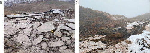 Figure 15. Photographs of field blasting tests, (a) and (b), respectively, for the natural and artificial frozen soil layers.