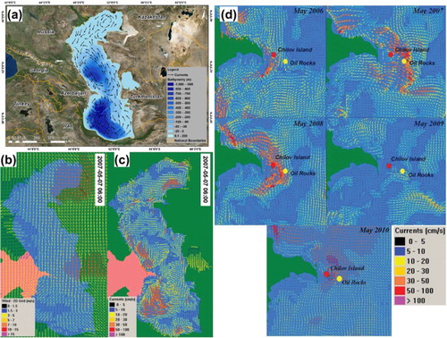 Figure 10. (a) Caspian Sea bathymetry and general circulation of currents; (b) detailed snapshots of Caspian Sea Winds; (c) currents visualised in OSCAR for date and time of 2007-05-07 06:00 and (d) currents around the Oil Rocks Settlement, Chilov and Pirallahi Islands.