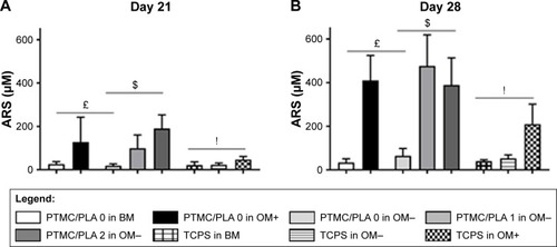 Figure 10 Dexa-loaded PTMC/PLA film successfully triggers hBMSCs differentiation toward mineralizing osteoblast-cell lineage.Notes: Calcium deposition from hBMSCs was measured on Days 21 and 28 (A and B respectively, £ reports significance for drug-free PTMC/PLA 0 regarding the nature of the medium, $ reports significance for drug-loaded PTMC/PLA on OM− medium, and ! reports significance for TCPS regarding the nature of the medium). ARS of Ca2+ secreted by hBMSCs cultivated on the diverse substrates is shown (for only one donor, but similar staining was obtained for both donors, C).Abbreviations: ARS, Alizarin Red Staining; BM, basal medium; hBMSCs, human bone marrow mesenchymal stem cells; OM, osteogenic media; PLA, poly(lactic acid); PTMC, poly(trimethylene carbonate); TCPS, tissue culture polystyrene.