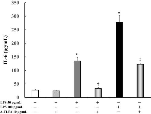 Figure 1 Effect of anti-Toll-like receptor (TLR) 4 antibodies on lipopolysaccharide (LPS)-induced interleukin (IL)-6 levels in presence of fetal bovine serum (FBS). Human U937 monocytes were treated with LPS and/or anti-TLR 4 antibodies. IL-6 levels in the supernatants were determined by enzyme-linked immunosorbent assay (ELISA) after 24 h of treatment. *P < 0.0001 vs control; †P < 0.0001 vs LPS 50 pg/mL. ‡P < 0.0005 vs LPS 100 pg /mL.