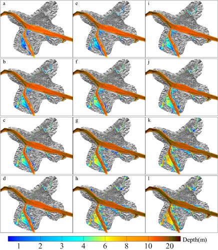 Figure 15. Water depth and inundated area at different times at 20 years (a)−(d), 50 years (e)−(h), and 100 years (i)−(l), while t = −24, t = −12, t = −6, and t = 0 correspond to (a, e, i), (b, f, j), (c, g, k), and (d, h, l), respectively.