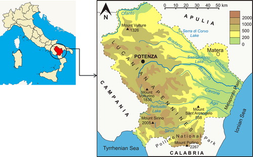 Figure 1. Geographical sketch map of the Basilicata region with the main territorial features and towns.