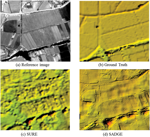 Figure 2. Results of the field area with the GaoFen-7 images. (a) The reference image, (b) the ground truth obtained with LiDAR, (c) the DSM generated with SURE, (d) the DSM generated with the proposed SADGE.
