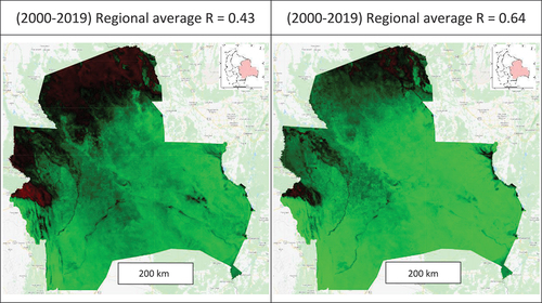 Figure 4. NDVI (left) and EVI (right) monthly correlation with evapo-transpiration (FLDAS), correlation: green=1; black=0; red=−1.