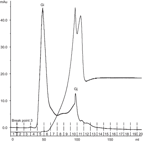 Figure 2.  Gel filtration chromatogram of A1, A2 fractions from Affi-Gel Blue gel chromatography on Superdex 200 column (1.6 × 60 cm) in double distilled water. Flow rate 0.5 mL/min.