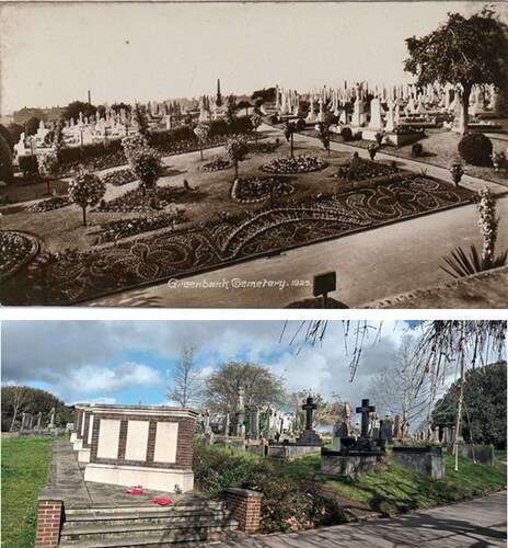 FIG. 7 Top is a postcard of Greenbank cemetery sections A(l) and B(r) 1929, depicting densely packed memorials and formal garden in foreground (image courtesy of Bristol Archives, 43207/14/3). Compare with bottom: Greenbank cemetery 2024, post clearance and with a war memorial now occupying the former garden area.