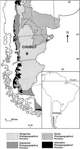 Figure 1. Location of the melliferous areas of the Chubut Province: (A) Lower Chubut River valley; (B) Plains of the Senguerr River; (C) Northwest Andean region.