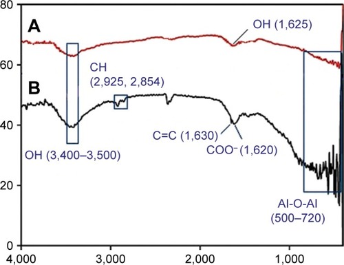 Figure 1 Fourier-transform infrared spectrum of (A) flat alumina and (B) nanoporous alumina-carbon nanotubes.