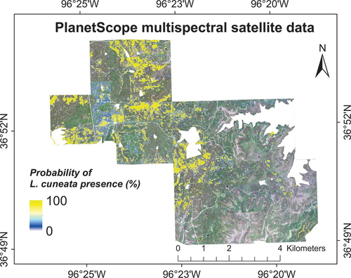 Figure 9. Probability of L. cuneata presence using vegetation indices obtained from PlanetScope multispectral image at the peak of the growing season (DoY 227) based on our WTA classification. We obtained these results by running our classification models 100 times with different training/validation datasets through randomized permutations. We excluded the oak tree land-cover from our results.