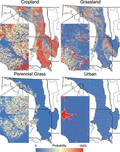 Figure 5. Aggregated probability-of-occurrence for the year 2030 across 50 Monte Carlo runs for (1) cropland (aggregate of all cultivated crop classes), (2) natural grassland, (3) perennial grass (biofuel feedstock under the BTU scenario), and (4) urban lands.