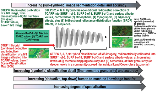 Figure 53. Ideal Earth observation (EO) optical sensory data-derived Level 2/Analysis Ready Data (ARD) product generation system design as a hierarchical alternating sequence of: (A) hybrid (combined deductive and inductive) class-conditional radiometric enhancement of EO Level 1 multi-spectral (MS) top-of-atmosphere reflectance (TOARF) values into EO Level 2/ARD surface reflectance (SURF) 1-of-3, SURF 2-of-3, SURF 3-of-3 and surface albedo values (EC – European Commission, Citation2020; Li et al., Citation2012; Malenovsky et al., Citation2007; Schaepman-Strub et al., Citation2006; Shuai et al., Citation2020) corrected in sequence for (1) atmospheric, (5) topographic (6) adjacency and (7) bidirectional reflectance distribution function (BRDF) effects (Egorov, Roy, Zhang, Hansen, & Kommareddy, Citation2018), and (B) hybrid (combined deductive and inductive) classification of TOARF, SURF 1-of-3 to SURF 3-of-3 and surface albedo values into a stepwise sequence of EO Level 2/ARD scene classification maps (SCMs), whose legend (taxonomy) of community-agreed land cover (LC) class names, in addition to quality layers Cloud and Cloud–shadow, increases stepwise in mapping accuracy and/or in semantics, i.e. stepwise, it reaches deeper semantic levels/finer semantic granularities in a hierarchical LC class taxonomy, see Figure 3 in the Part 1. An instantiation of this EO image pre-processing system design for EO Level 2/ARD symbolic and subsymbolic co-products generation is depicted in Figure 54. In comparison with this desirable system design, the existing ESA Sen2Cor software system design (see Figure 38 in the Part 1) adopts no hierarchical alternating approach between MS image classification and MS image radiometric enhancement. In more detail, it accomplishes, first, one SCM generation from TOARF values based on a per-pixel (2D spatial context-insensitive) prior spectral knowledge-based decision-tree classifier (synonym for static/non-adaptive-to-data decision-tree for MS color naming, see Figures 29 and 30 in the Part 1). Next, in the ESA Sen2Cor workflow, a stratified/class-conditional MS image radiometric enhancement of TOARF into SURF 1-of-3 up to SURF 3-of-3 values corrected for atmospheric, topographic and adjacency effects is accomplished in sequence, stratified (class-conditioned) by (the haze map and cirrus map of) the same SCM product generated at first stage from TOARF values. In summary, the ESA Sen2Cor SCM co-product is TOARF-derived; hence, it is not “aligned” with data in the ESA Sen2Cor output MS image co-product, consisting of TOARF values radiometrically corrected into SURF 3-of-3 values (refer to Subsection 3.3.2 in the Part 1), where, typically, SURF ≠ TOARF holds, see Equation (9) in the Part 1.