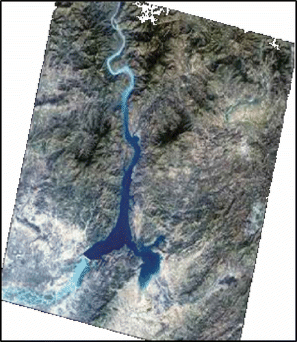 Figure 5. ALOS/AVNIR-2 image of Tarbela Dam and Indus River, Pakistan. Acquisition date: 6 October 2006.