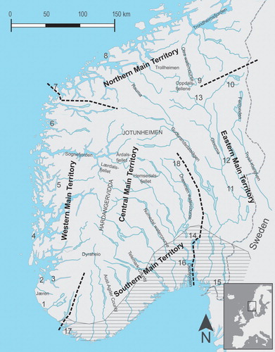 Figure 1. Four main territories and the Central Main Territory: the mountain area. (1) Salthelleren, (2) Vistehola, (3) Botne, (4) Bømlo, (5) Skipshelleren, (6) Flora, (7) Stad Headland, (8) Aukra, (9) Falningsjøen, (10) Røros, (11) Svevollen, (12) Rena, (13) Savalen, (14) Oslo, (15) Halden, (16) Frebergsvik, (17) Lista, (18) Dokkfløy. Design Martin Blystad.